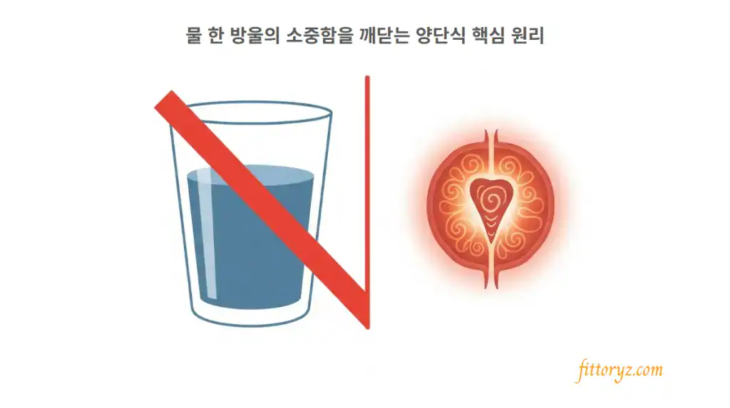 양단식의 핵심 원리: 한쪽에는 붉은색 대각선으로 완전히 가려진 물 한 잔이, 다른 한쪽에는 강렬한 내부 열을 상징하는 작고 빛나는 추상적인 인체 핵이 있는 분할된 콘셉트 디자인의 벡터이미지