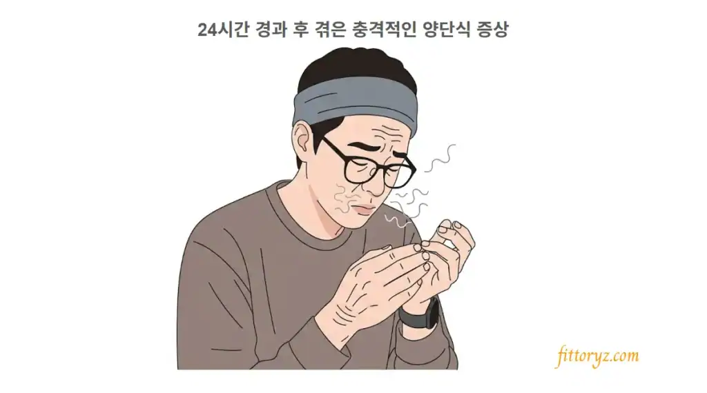 피곤해 보이지만 집중하는 표정의 남성이 살짝 주름진 손을 바라보고 있는 벡터 이미지. 코 주변에는 희미한 향기 선들이 추상적으로 떠다니며 예민해진 후각을 상징
