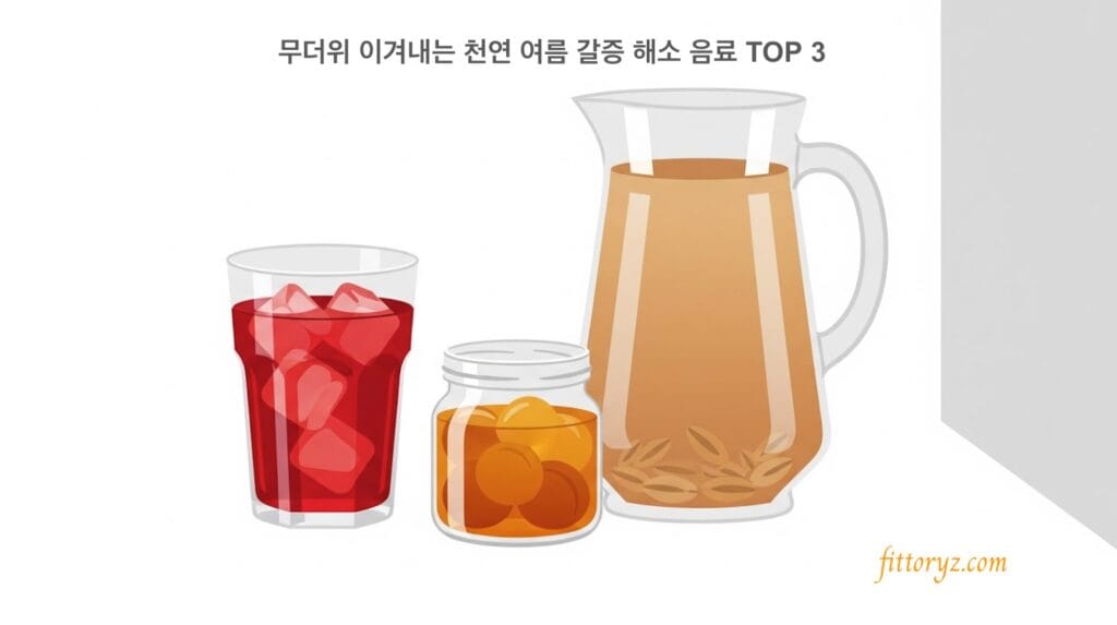 무더위 이겨내는 천연 여름 갈증 해소 음료:오미자차와 매실차, 보리차를 표현한 벡터 이미지