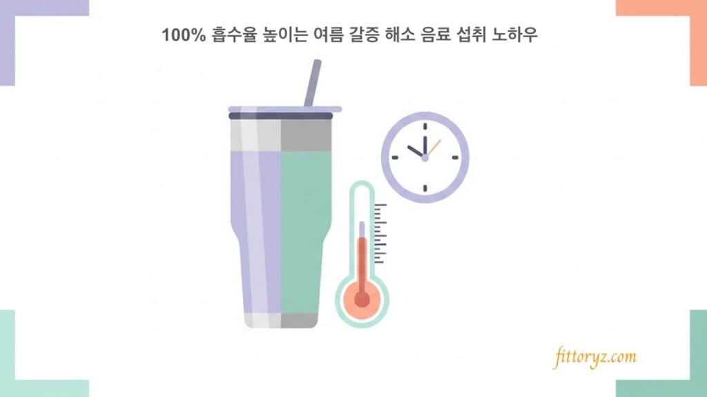 갈증 해소음료 섭취 노하우: 미지근한 온도와 당분조절,조금씩 자주마시기를 표현힌 벡터 이미지