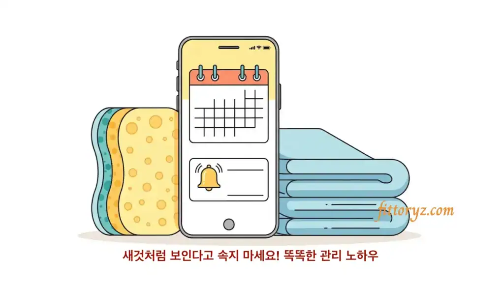 오래된 수세미와 수건등을 스마트폰의 캘린더 앱을 이용해서 교체 주기를 설정하는 벡터 이미지
