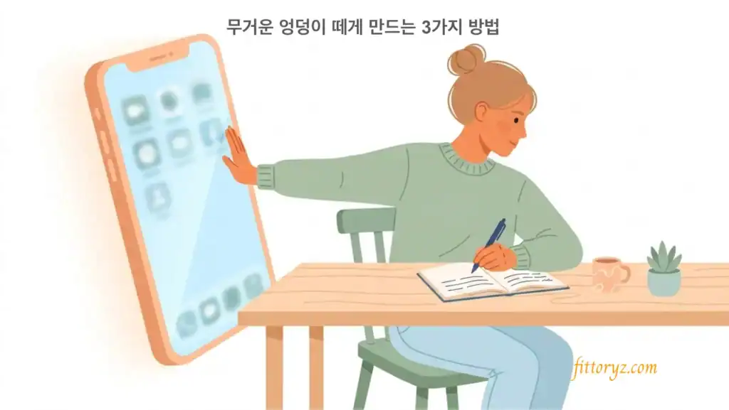 미루는 습관 고치기: 스마트폰을 멀리하고 책상에 얹아 글을 쓰고 있는 여성을 표현한 벡터 이미지