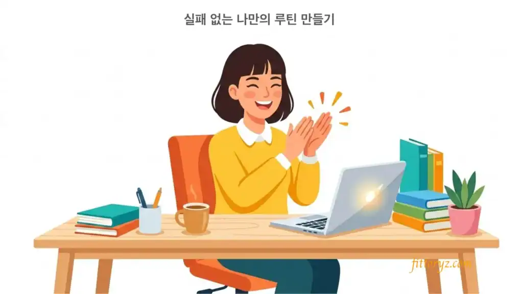 실패 없는 나만의 루틴 만들기:박수를 치며 행동을 유발하는 여성을 그린 벡터 이미지