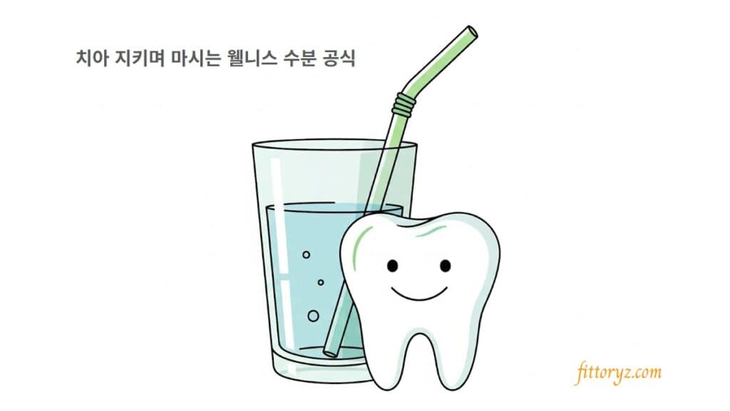 웰니스 수분 공식. 컵에 담긴 제로 탄산수 음료와 빨대. 건강한 치아를 표현한 벡터 이미지