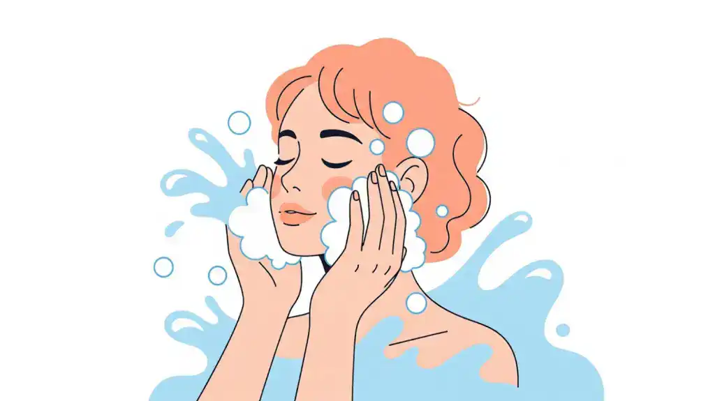 여름철 자외선 차단 선크림은 바르는것도 중요 하지만 지우는 것이 더 중요해요. 클렌징 오일이나 클렌징 워터로 1차 세안을 하고 있는 여성을 묘사한 벡터 이미지