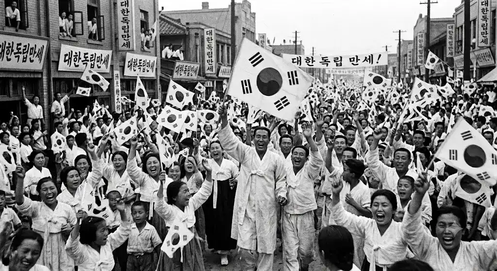 8월 한국사 주요 사건: 1945년 8월 15일 일본의 항복으로 온 거리가 만세 소리로 가득한 거리를 표현한 흑백 이미지