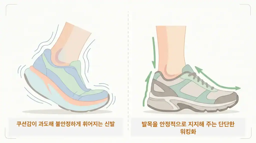 무릎과 발목 안정성을 지켜주는 단단한 워킹화와 쿠션화 비교 일러스트